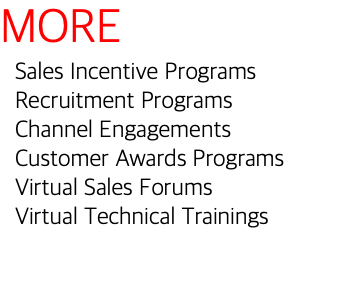 MORE Sales Incentive Programs Recruitment Programs Channel Engagements Customer Awards Programs Virtual Sales Forums Virtual Technical Trainings